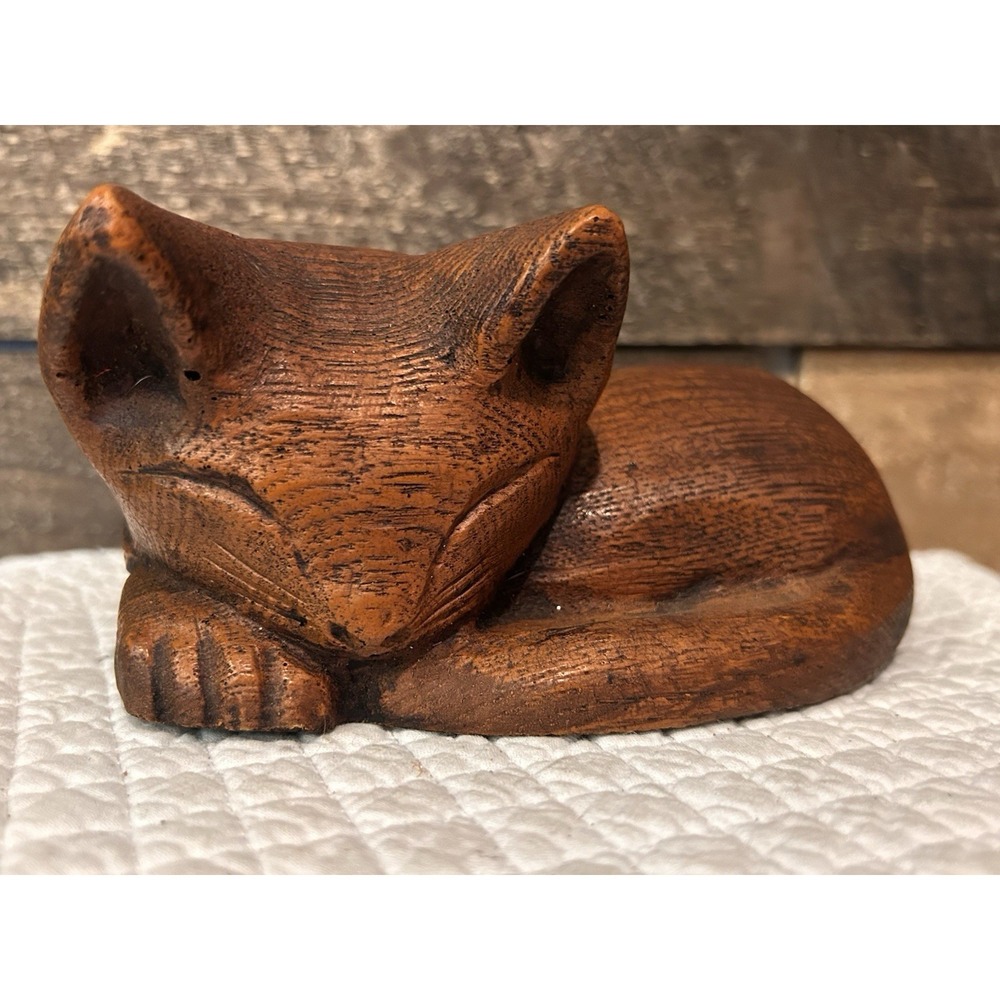 Vintage‎ Midcentury Modern Sleeping Cat Wooden Figurine Sculpture
